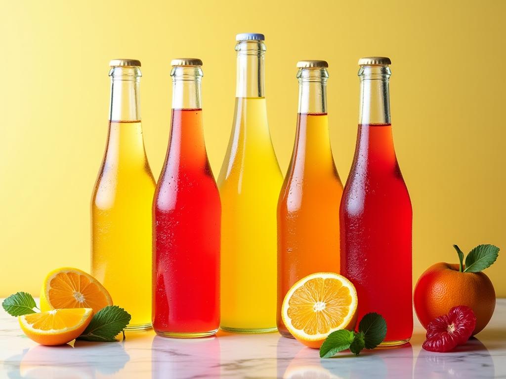 A vibrant collection of artisanal fruit-infused beverages in stylish bottles